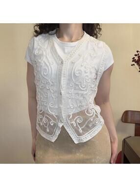 Sheer White Button Vest Embroidered Crochet Boho Medieval Cottagecore
